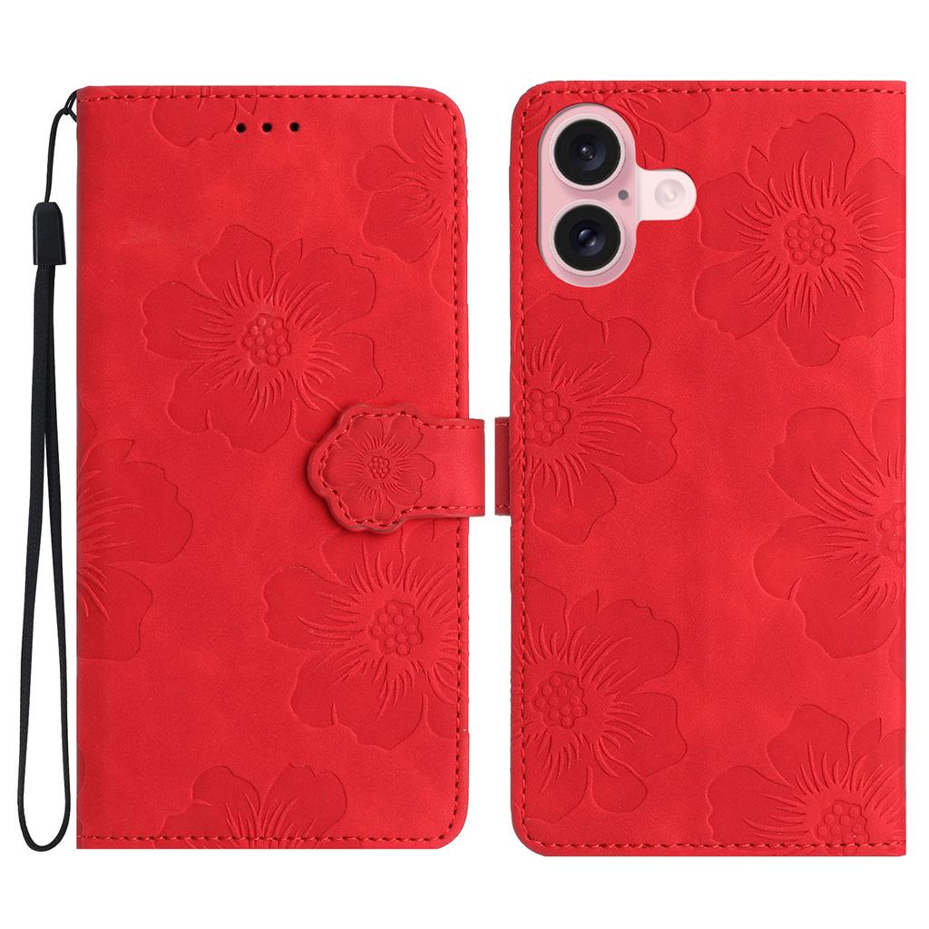 For iPhone 17 Case Flower Design Leather Wallet Phone Cover with Wrist Strap