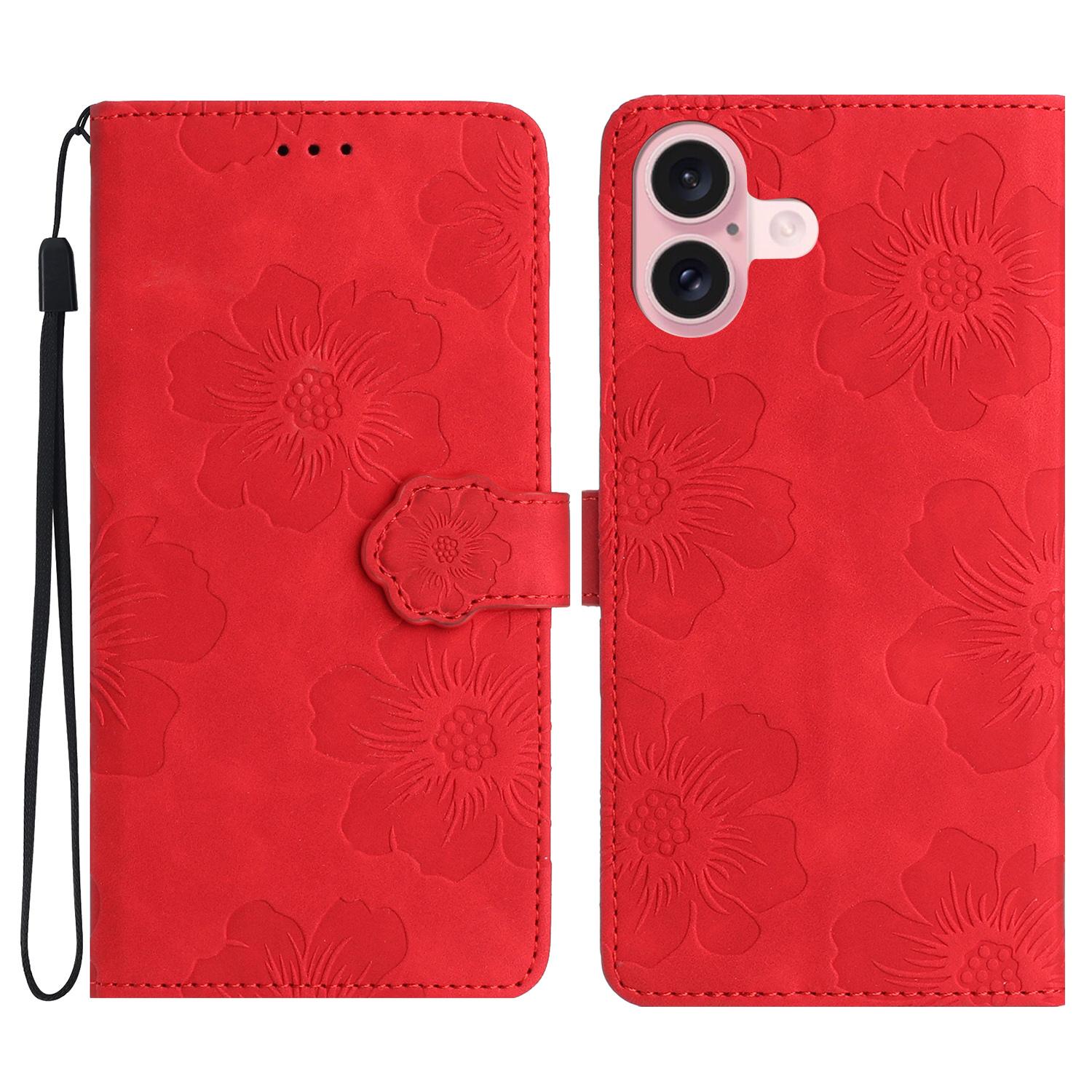 

For iPhone 17 Case Flower Design Leather Wallet Phone Cover with Wrist Strap Red