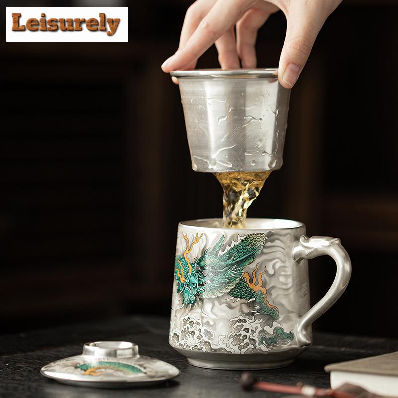 171ml Gilt Silver Dragon The Four Seas Filter Tea Separator Cup Zen Tea Mug With Infuser Tea Making Office Water Cup Supplies