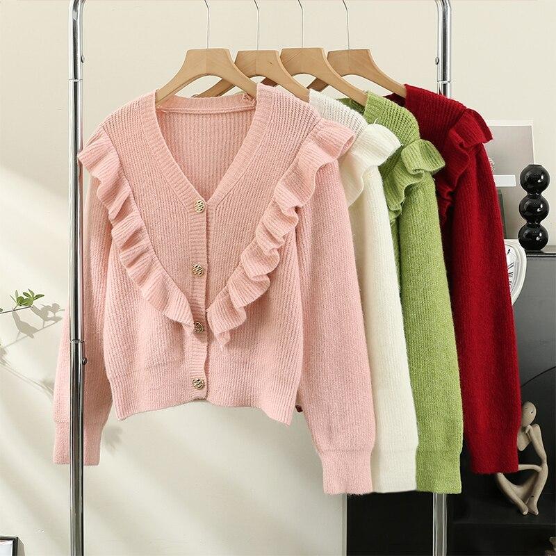 

ITOOLIN женский кардиган с рюшами по краям, свитер на пуговицах, повседневный вязаный свитер с v-образным вырезом, пальто для женщин, осень-зима 2023