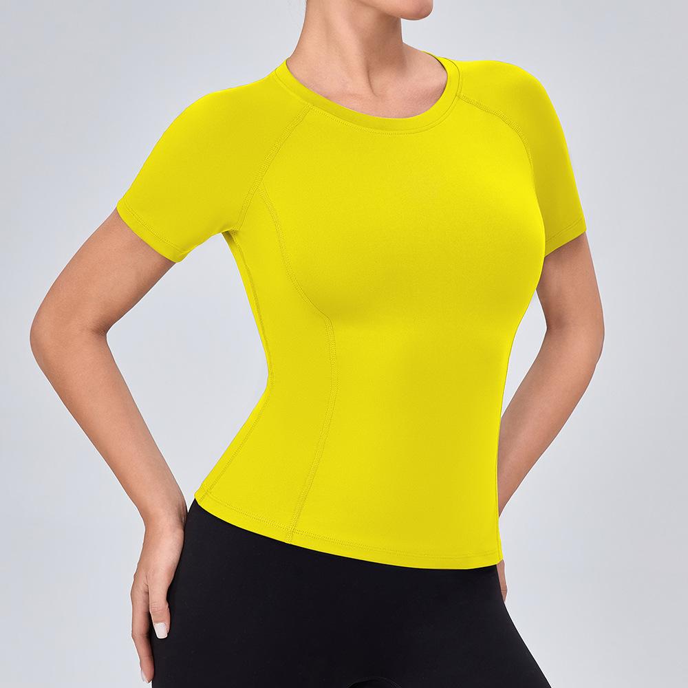 Women Slim Fit Yoga Short Sleeve T-shirt High Elastic Quick Dry Round Neck Top Breathable Slimming Gym Sports Running Shirt