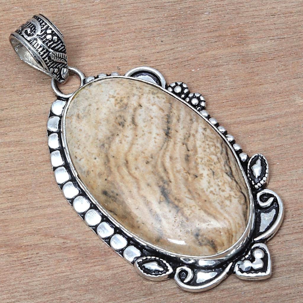 Pendant Picture Jasper Gemstone Valentine'Day Gift Silver Jewelry 2.25"