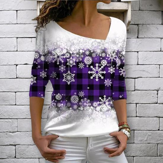 

Женский облегающий рождественский топ с косым воротником и длинными рукавами в клетку с 3D снежиночным принтом