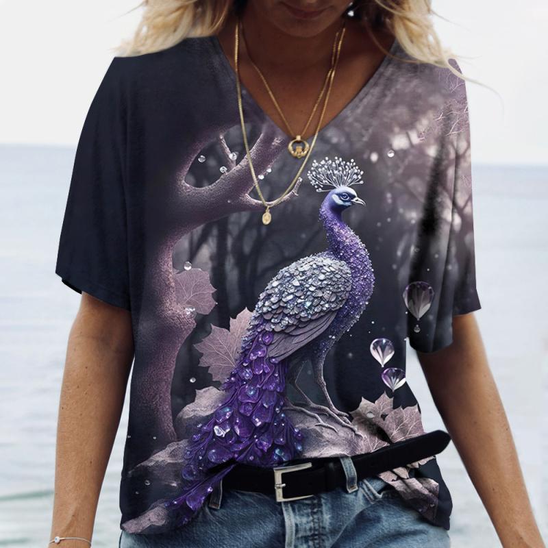 Luxury Peacock Graphic Women's T Shirt Summer Loose Ladies Clothes V Neck Oversized Blosue Female Daily Short Sleeve Casual Tees