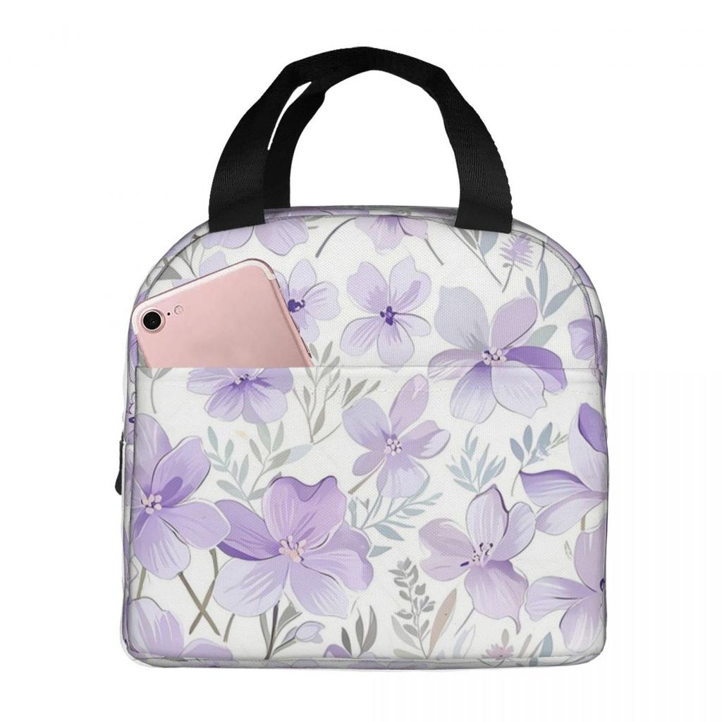 Light Purple Floral Pattern Insulated Lunch Bag for Women Children Portable Food Boxes Thermal Lunch Box Tote
