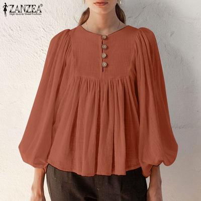 Damen-Bluse mit Rundhalsausschnitt, Puffärmeln, langen Ärmeln, geripptem, plissiertem A-Saum, lockerer, muskulöser, einfarbiger Bluse