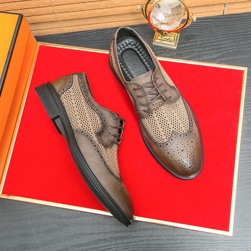 2024 New Mesh Breathable Summer Leather Shoes Business Luxury Brogue Carving Shoes Dress Shoes Retro Color Lace-up Fashion Shoes