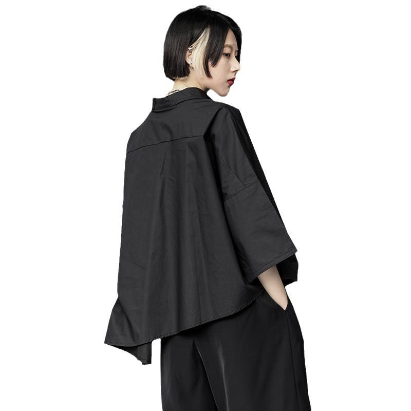Women Shirt Three Quarter Sleeve Blouse Irregular Hem Single-breasted Solid Color Korean Loose Lapel Summer Spring Shirt Top