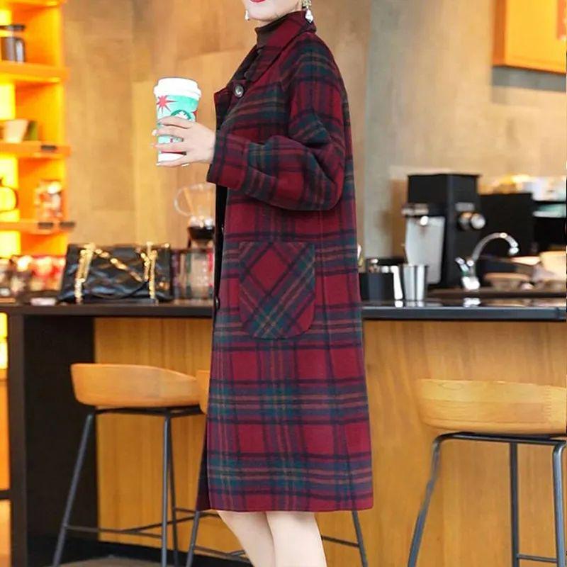 2024 Autumn/Winter Red Plaid Wool Coat - Korean Style Double-Faced Overcoat for Women, Perfect for Middle-Aged and Elderly Moms.
