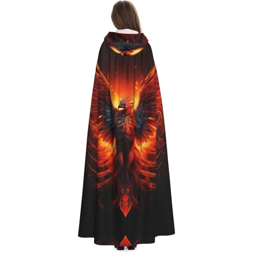 Orange Red Phoenix Printing Halloween Adult Hooded Cloak for Party Decoration and Costumes