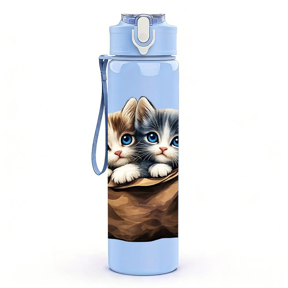 1PC Kitten Cat Inside Canvas Bag Print 750ml Color Plastic Sports Water Bottle Leakproof Flip Straw Lid Suitable for Sports Office Home Use