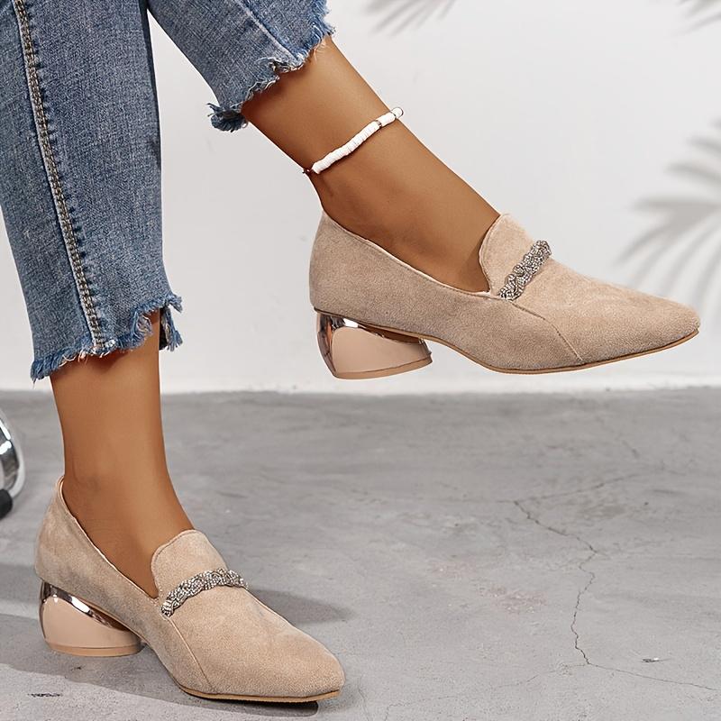Pointed Toe Crystal Women Loafers Shoes Chunky Suede Mid Heels Casual Shoes Autumn New Brand Walking 2024 Cozy Zapatos Mujer