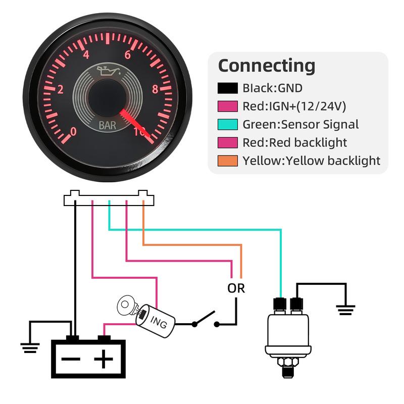 Retro Vintage Classic 0-10 Bar Oil Pressure Gauge Yellow Red LED 2" 52mm Oil Pressure Meter with Sensor 1/8NPT for Car Boat