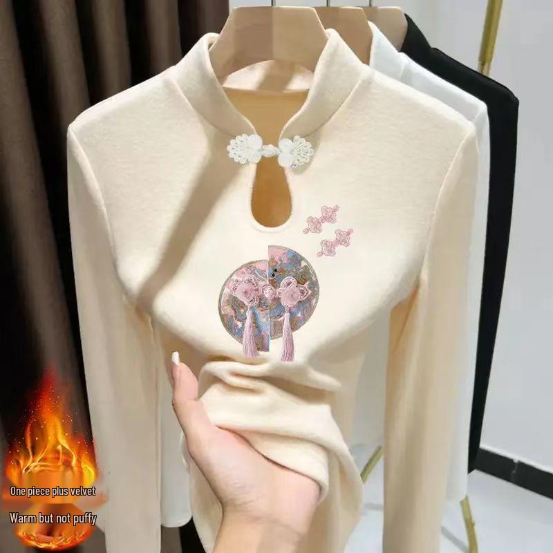 

Женская осенне-зимняя футболка с длинным рукавом, застежкой на пуговицы-лягушки, воротником-стойкой и принтом в виде капель воды - теплая и универсальная футболка в китайском стиле L [Suitable for 100-115 lbs]