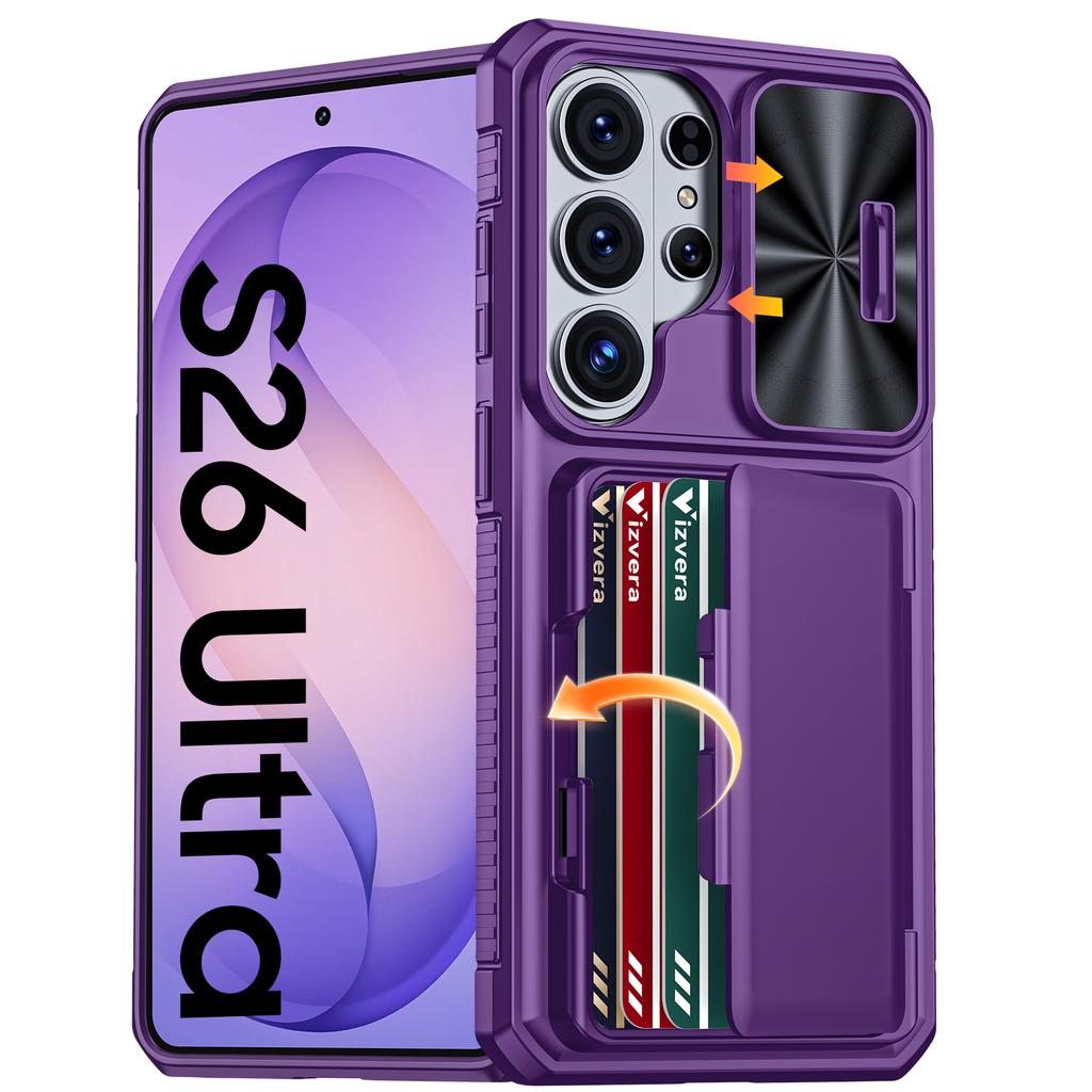 Avec Porte-Cartes, Cache-Objectif Coulissant et Support pour Étui de Téléphone Samsung Galaxy S26 Ultra, Étui Portefeuille Anti-Chute en PC+TPU - Rose Clair