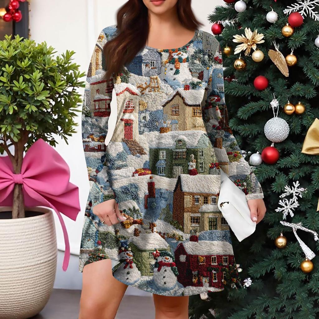 Dámské ležérní šaty s gradientním potiskem, kapsou, kulatým výstřihem a dlouhým rukávem ve větších velikostech na jaro/podzim