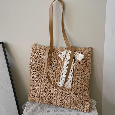 Quadratische Hohlstroh Strandtasche Handgeflochtene Umhängetasche Raffia Rattan Einkaufs-Reisetasche Bohemian Sommerurlaub Lässige Tragetasche