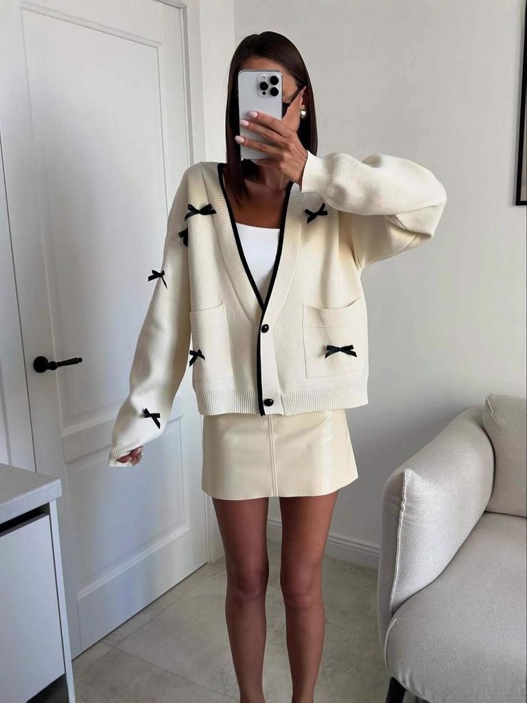 Fall New White Bow Knit Cardigan Women V-Neck Contrast Color Long Sleeve Outerwear