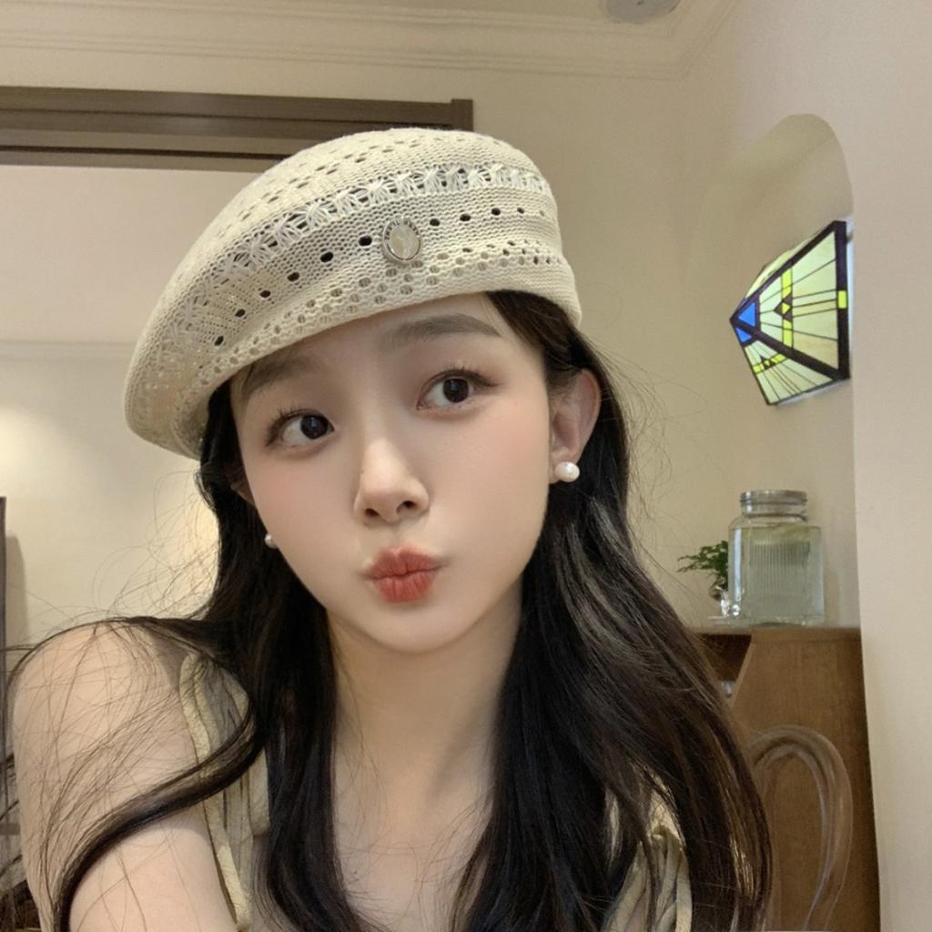 Retro solid color hollow thin beret women's new summer literary and versatile painter hat fashion octagonal hat