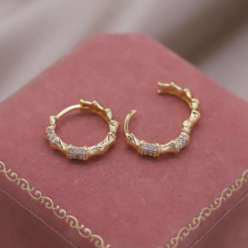 2025 French new design fashion Zircon 14K gold plated round zircon bamboo hoop earrings elegant women's daily work accessories