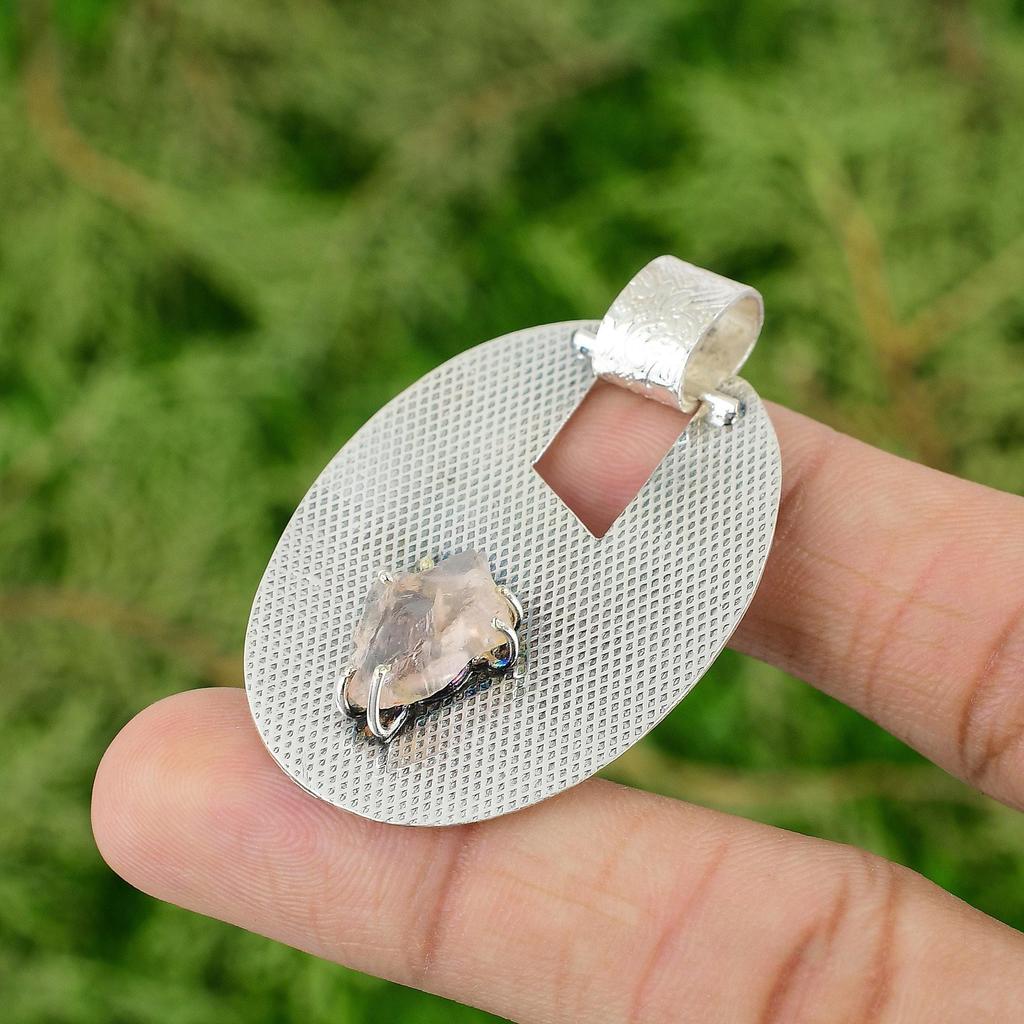 Daughters Day Deal Natural Rose Quarzt Rough Trendy Wife Pendant Sterling Silver