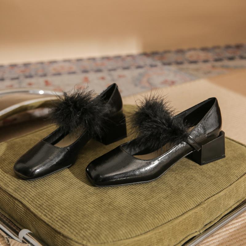 53310 [sheepskin] silver high heels women's 2025 new square head Mary Jane shoes thick heel Mao Mao single shoes