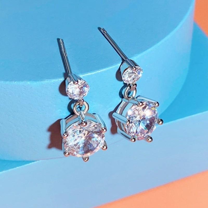 Women Inlaid Shining Zircon Double Zirconia Sterling Silver Pin Geometric Fashion Earrings