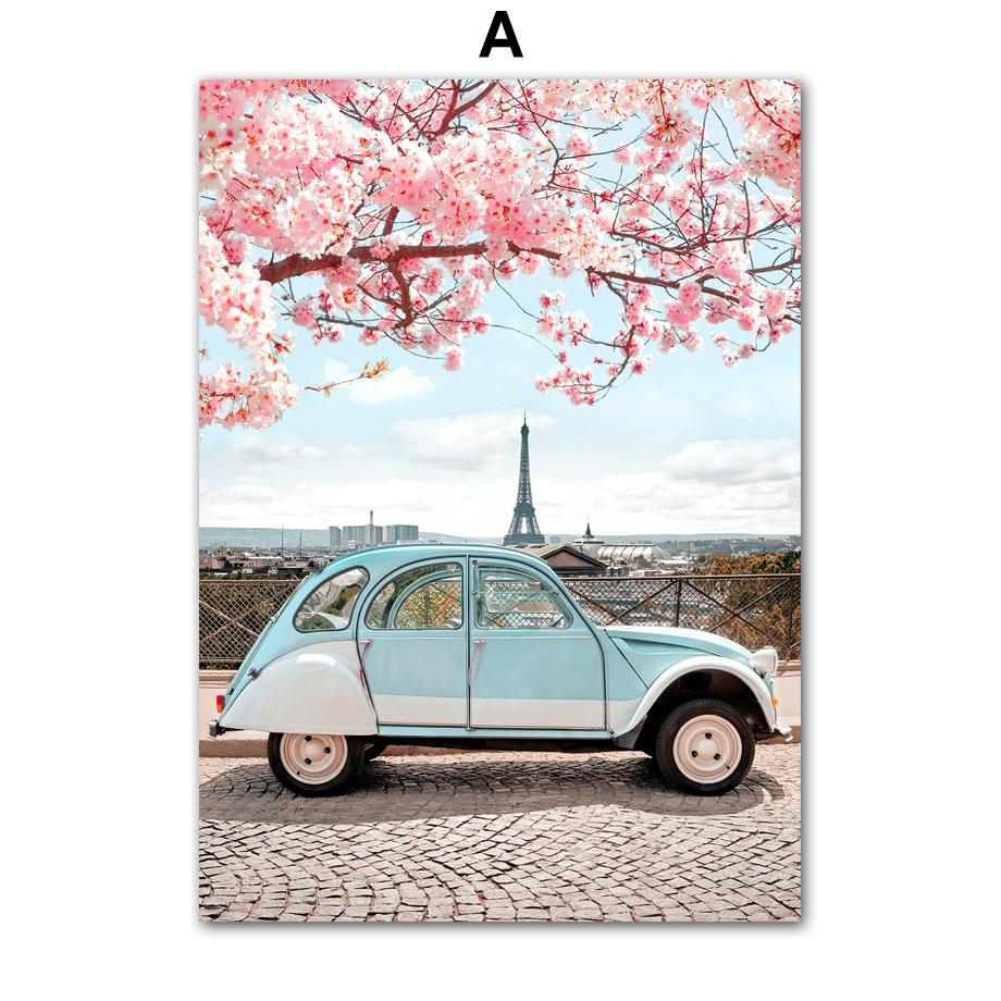 Paris City Pink Peach Blossom Vintage Car Bike Wall Art Canvas Painting Living Room Decoration Posters And Prints Wall Picture