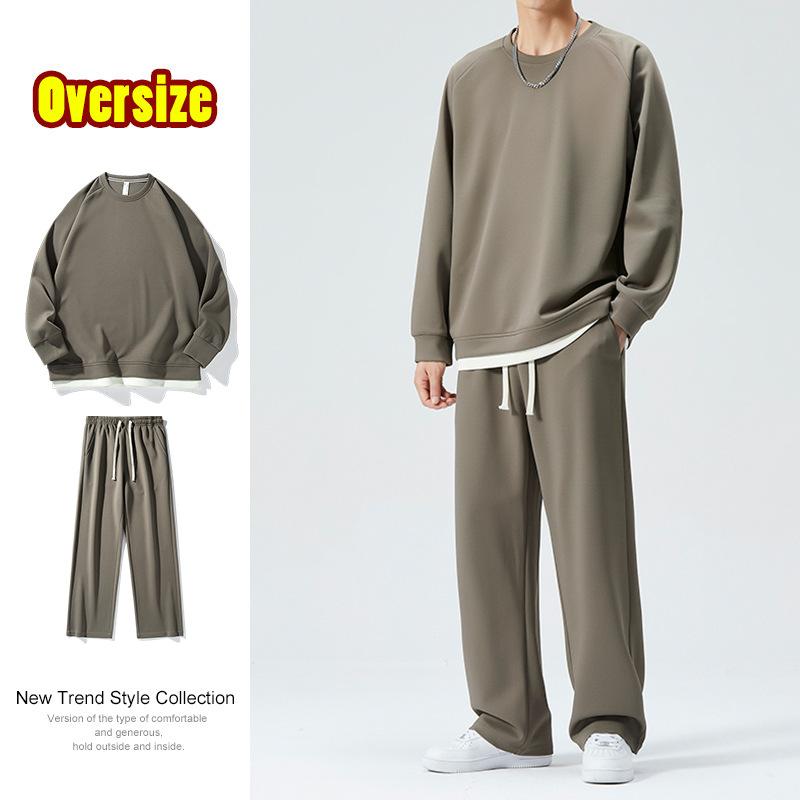 

Autumn Winter Thin Casual Sports Suit Men s Two-piece Trendy Brand Loose Breathable Solid Color Sweatpants Round Neck Sweatshirt M серый