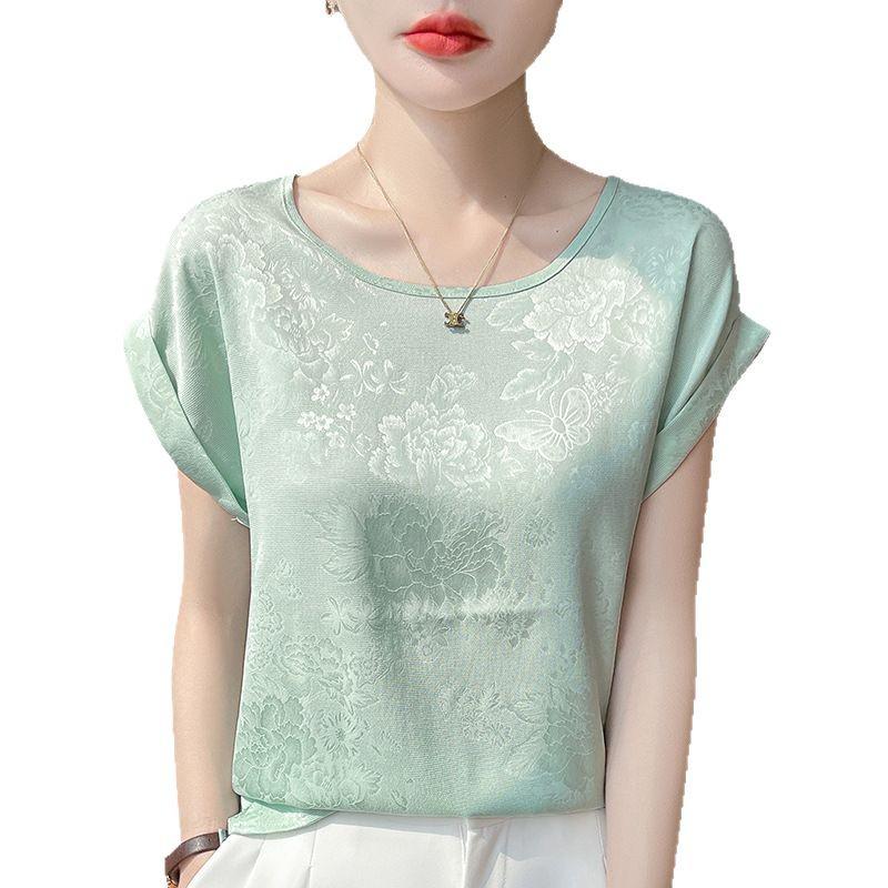 Camiseta de Verano para Mujer de Cuello Redondo y Manga Corta, Holgada y Ajustada, Versátil y Elegante Top Casual