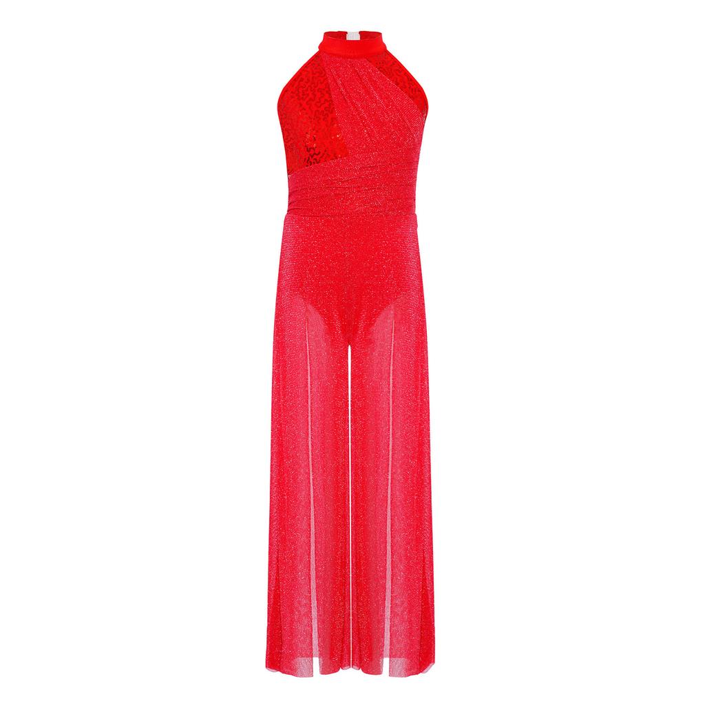 Salopetă Lirică pentru Fete Copii: Body fără mâneci cu guler înalt și spate cu bretele încrucișate, cu paiete strălucitoare și plasă irizată, cu craci largi