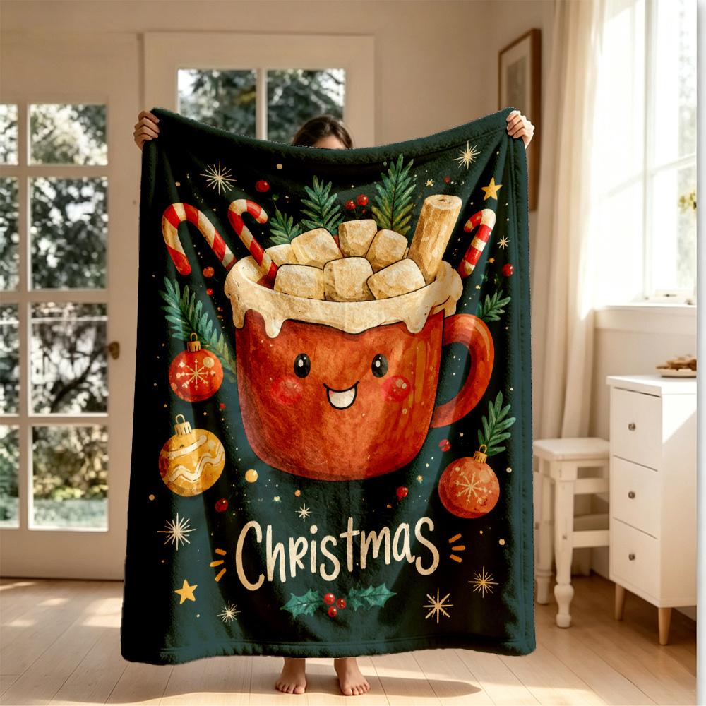 1pc 2D Flat Christmas Hot Cocoa Mug Printed Blanket Marshmallow Candy Cane Pine Needle Christmas Ball Snowflake Watercolor Flannel Blanket Suitable fo