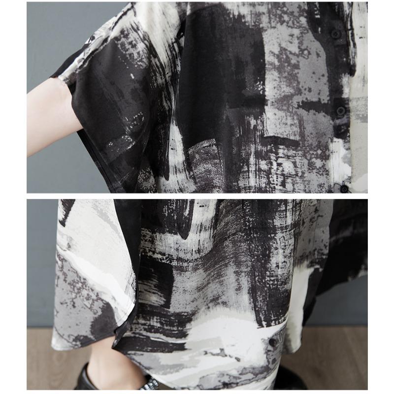 DIMANAF 2025 Damen Übergröße Sommer Locker Hemdkleid Lässiges Druckkleid Basic Vintage Knopf Kurzarm Maxi