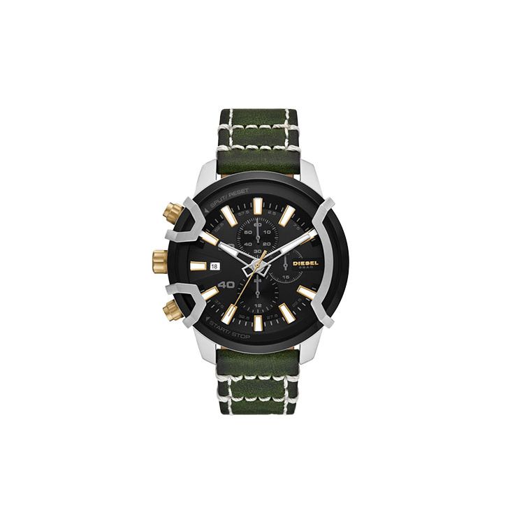 

Diesel Watch Quartz Movement Leather Strap Black Dial Chronograph Calendar Black Gold Color Block DZ4585 Men watches DZ4585 Regular Watch Box,Green Strap