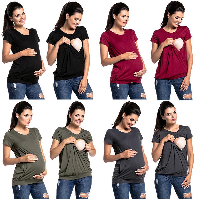 

2025 short t-shirt top new round neck short-sleeved maternity clothing fashion nursing women s T-shirt S чорний