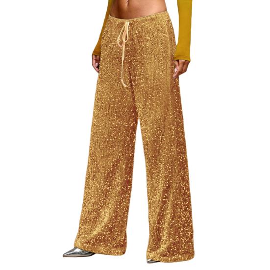 Dámské kalhoty s vysokým pasem a širokými nohavicemi, ležérní kalhoty se sekvenčním designem, elastický pas se stahovací šňůrkou, párty kalhoty