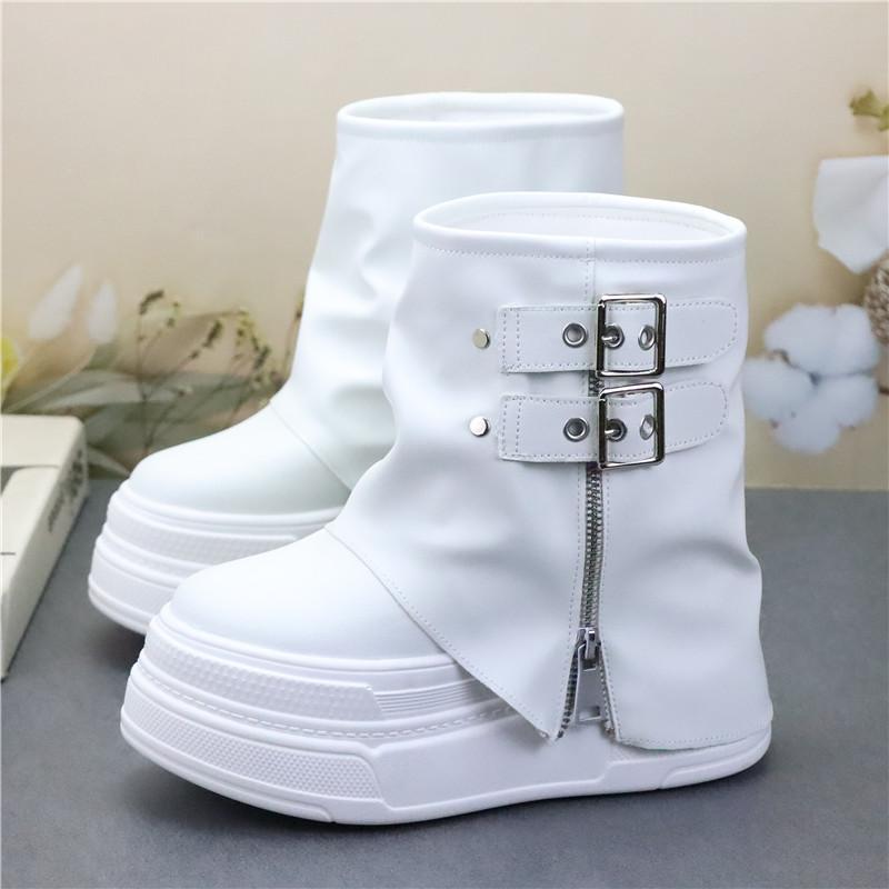 

Fashion Shoes for Women New Mid-Calf Boots 12CM High Platform Modern Boots Belt Buckle Punk Shoes Female Zip Leather Motorcycle Boots 34 белый