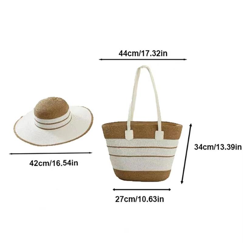 Straw Hat Tote Bag Set Adjustable Wide Brim Sun Hat Sturdy Woven Handbag 2Pcs for Women Outdoor Summer Activities