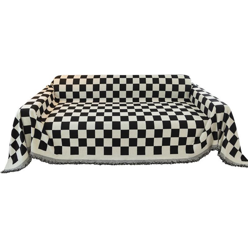 Chenille Black and White Plaid Sofa Cushion Sofa Cover Four Seasons Universal Simple Black Cushion Backrest Towel Cover Cloth
