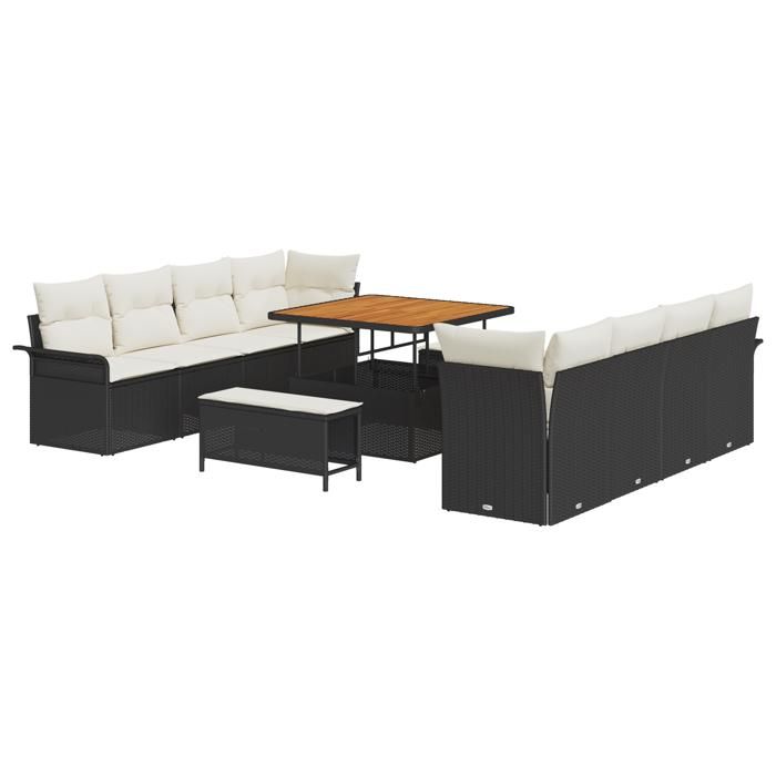 Ensemble de canapé jardin 11 pièces avec coussins en poly rotin noir et acacia, Canapé jardin 2 places avec coussins en poly 3362115