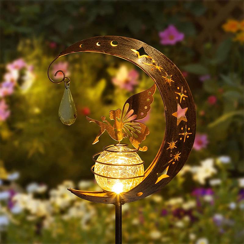 Solar Decroation Light Moon Fairy Lamp Outdoor Garden Crackle Glass Globe With Angel Pathway Stake Light Solar Grdound Light