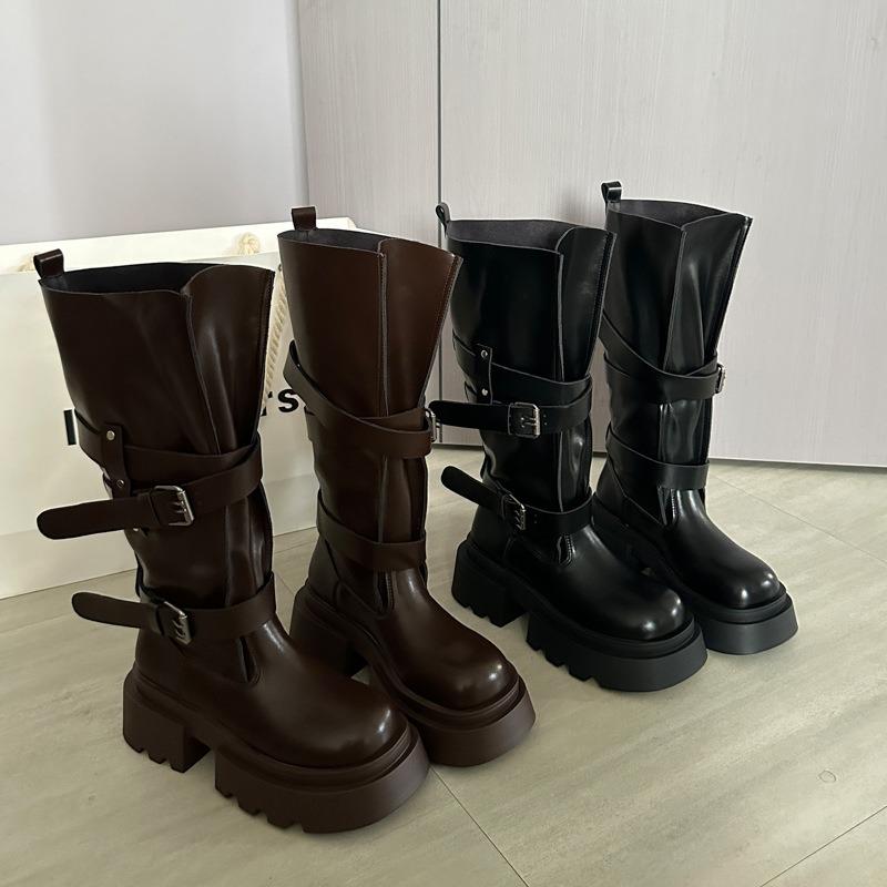 Höga stövlar med tjock sula Barns nya höst- och vinter retro men knähöga långstövlar med bältesspänne Smala riddarstövlar