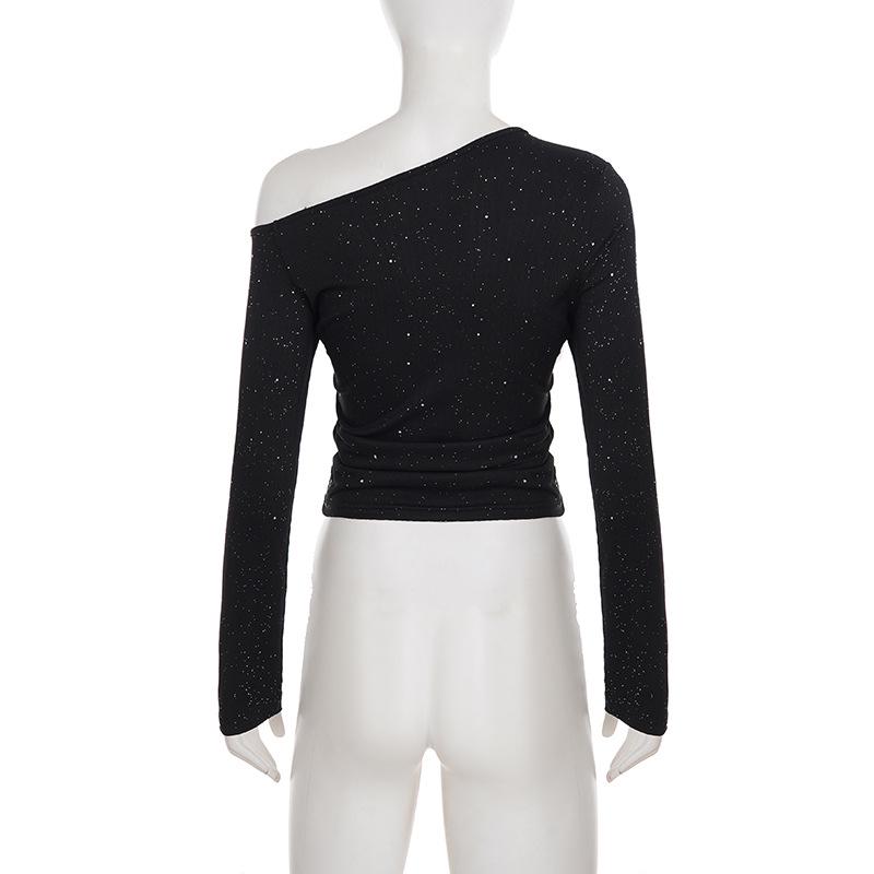 Women's Off-Shoulder Rhinestone Waist-Cinching Long-Sleeve Top