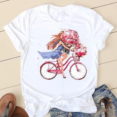 Short Sleeve Summer Flower Cartoon Bike Cute Fashion Graphic T-shirt Clothing Casual Women Tops Tshirt  Lady Female Print Tees