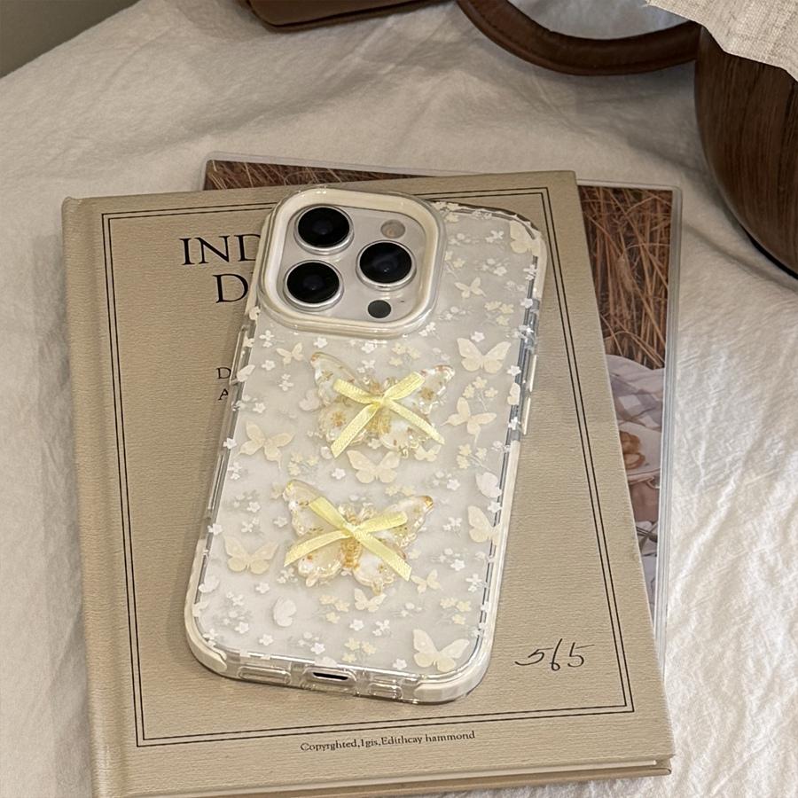 2 i 1 3D Sommerfugl med Sløyfe Gjennomsiktig Deksel til iPhone 17 16 15 14 13 12 Støtsikkert Anti-Gulnende TPU-deksel, Søtt Estetisk Beskyttende Telefondeksel