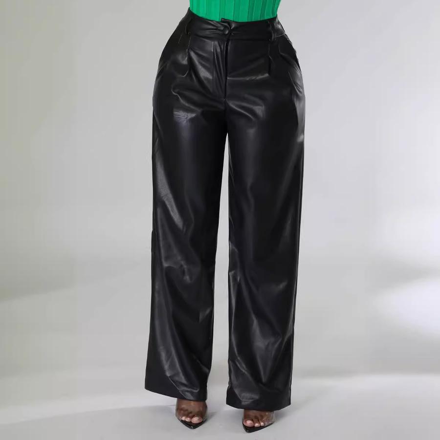 New Autumn Winter PU Women's Wide Leg Pocket Casual Leather Pants