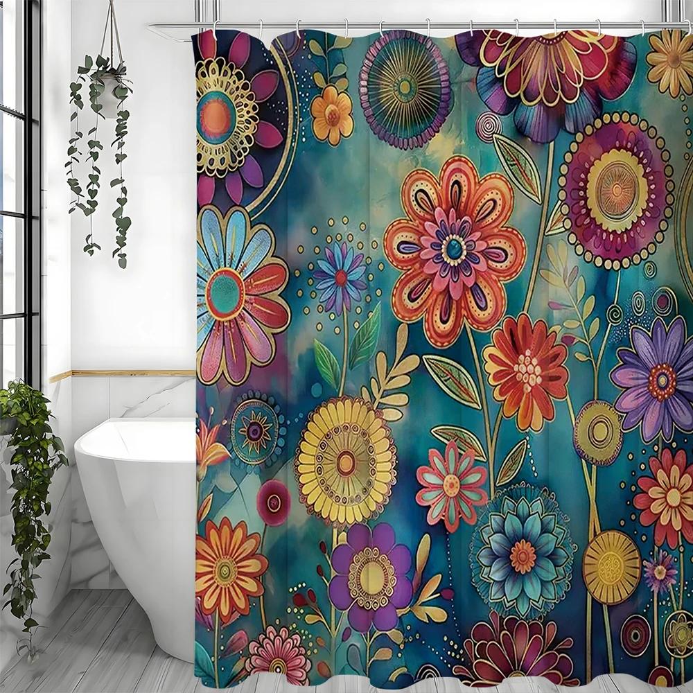 Vintage Bohémský Květinový Sprchový Závěs, Koupelnový Dekorativní Sprchový Závěs, Vodotěsný Sprchový Závěs s Háčky