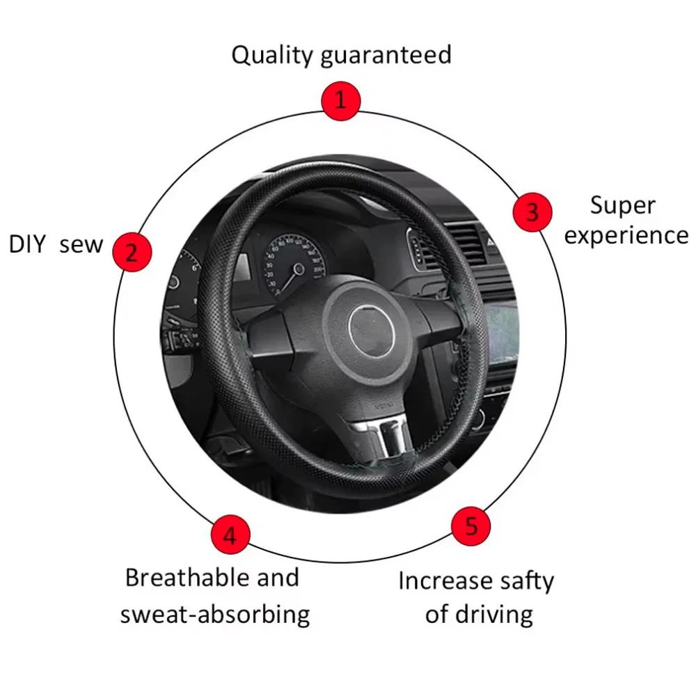 DIY PU Leather Steering Wheel Cover - Non-Slip Hand Stitched w/Needle & Thread, Universal Fit for Auto/Car/Truck (4 Colors)