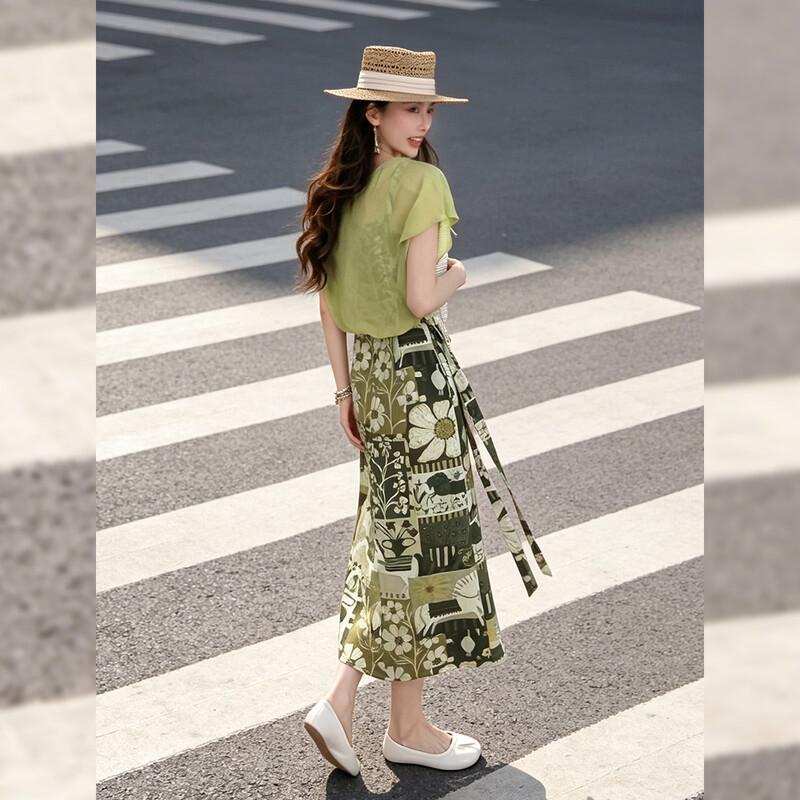 French Floral Print Faux Two-Piece Tie-Waist Dress