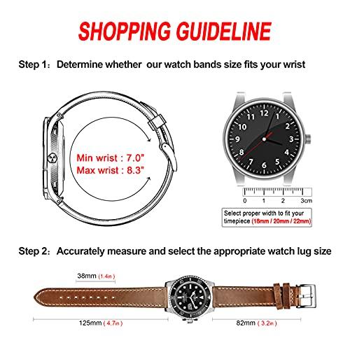 Hemsut Genuine Leather Watch Band, Horween Soft Leather Material, 22mm, Natural Leather Color + White Stitching, Stainless Steel Silver Watch Buckle,